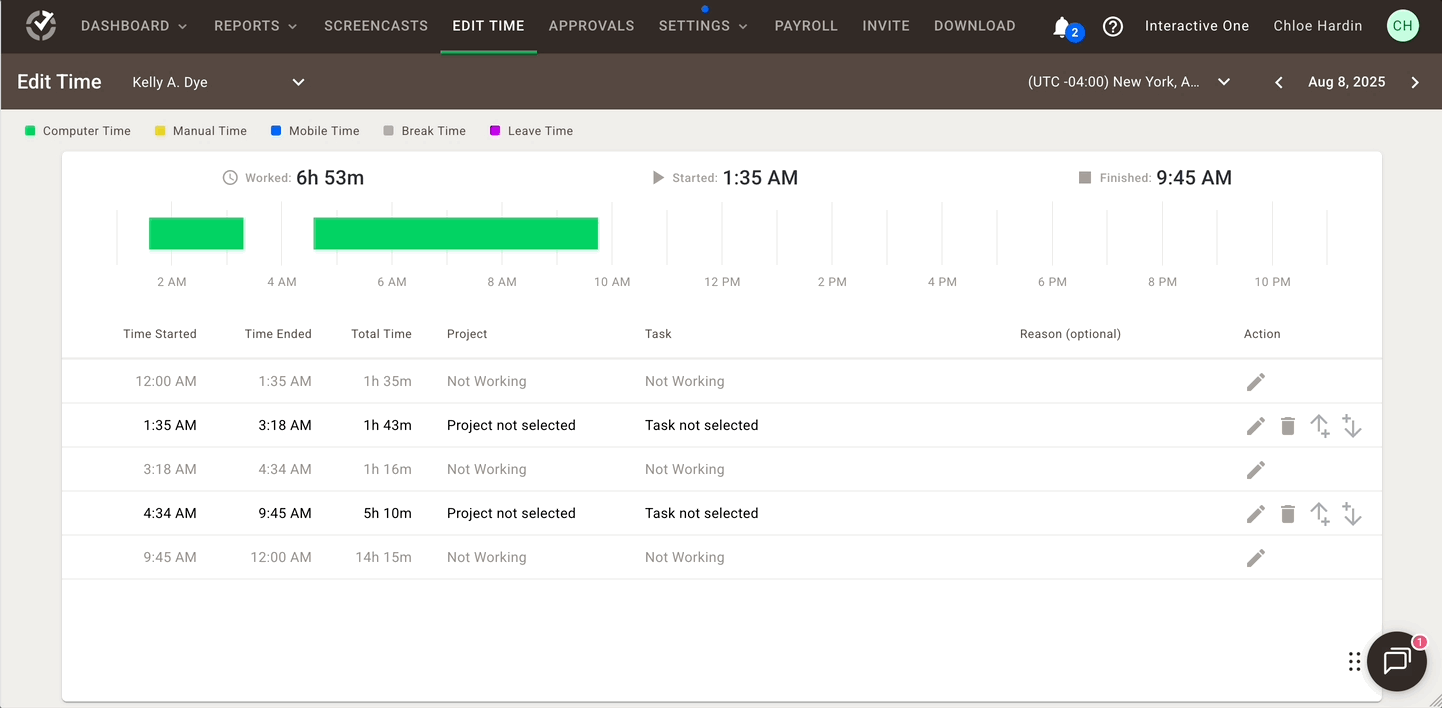 Страница Edit Time в Time Doctor